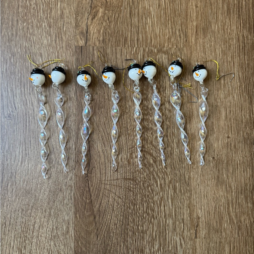8 Vintage Hand Blown Glass Twisted Icicle Snowman Head Christmas Ornaments 5.5"